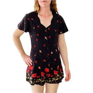 Vintage | Sexy Floral Rayon Button Down V-Neck Flowy Short Sleeved Romper Size M